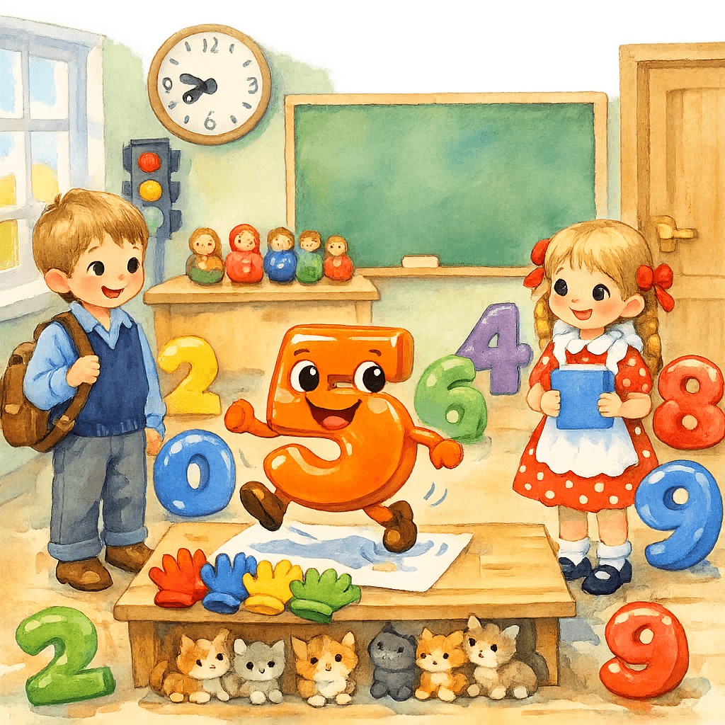 Пятёрка «пляшет» по бумаге на парте, дети наблюдают.