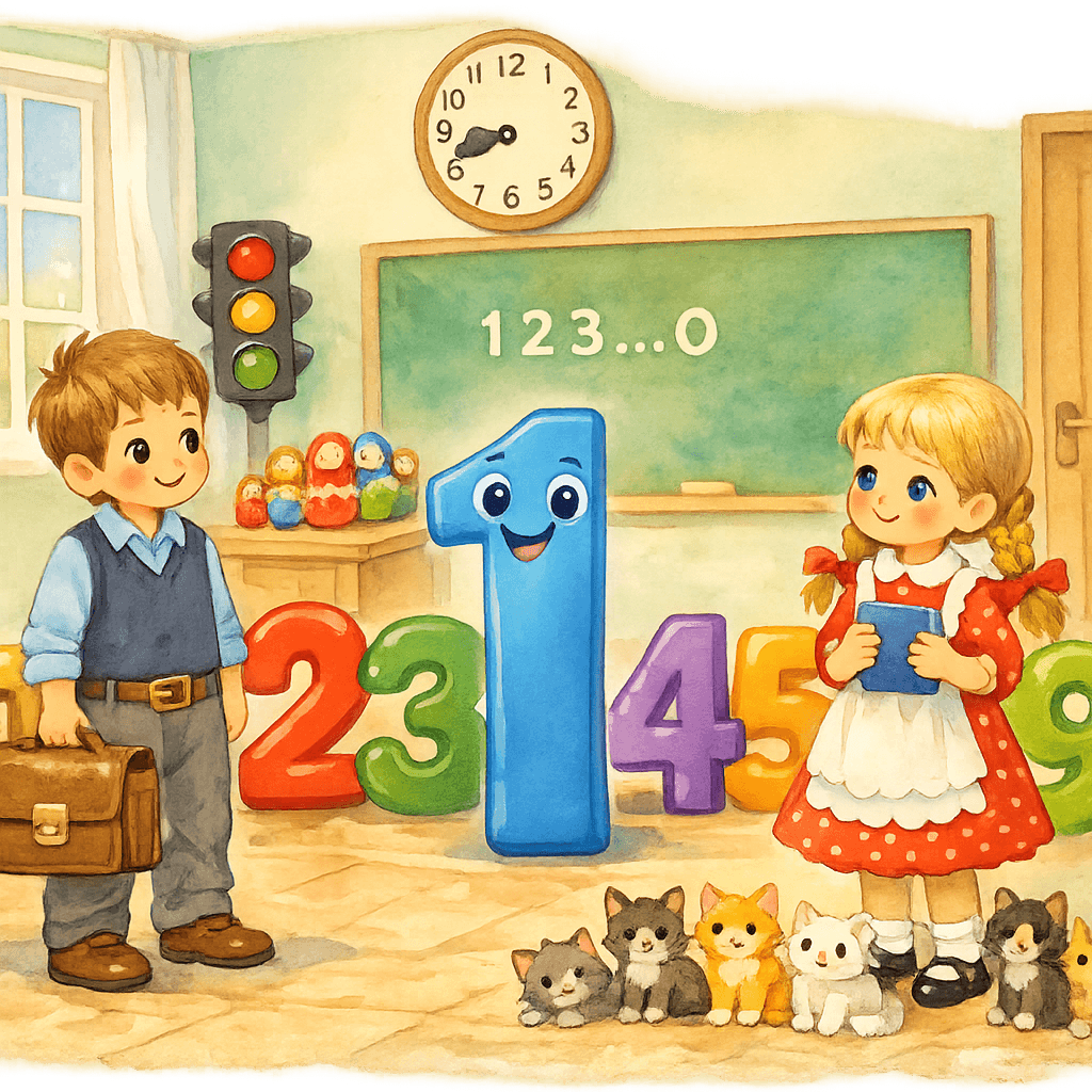 Единица как тонкая спица в классе, рядом дети и остальные цифры.