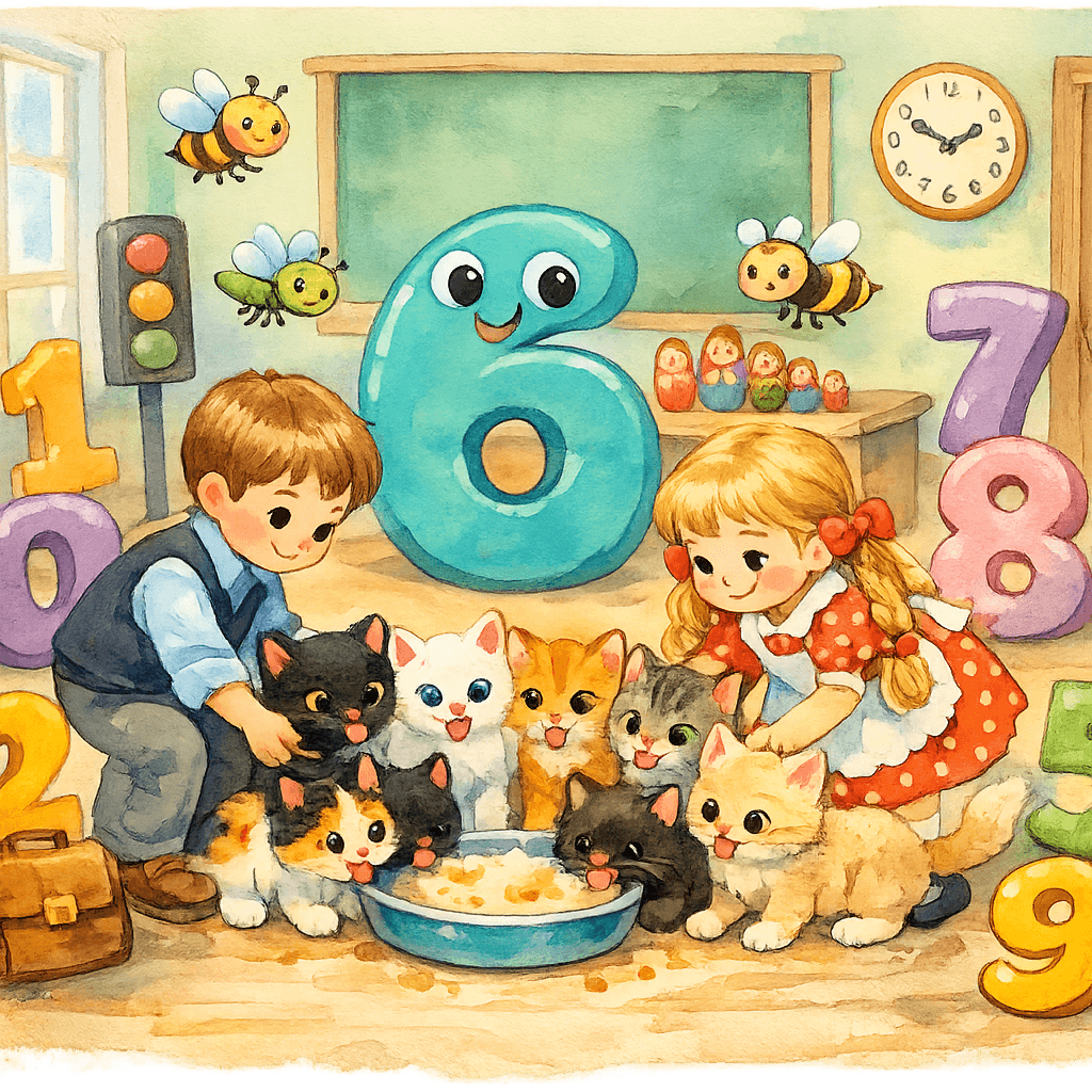 Шесть котят лакают кашу с молоком, рядом цифра шесть и дети.