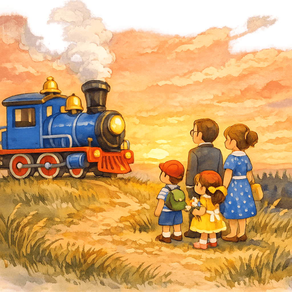 Паровозик и пассажиры молча любуются редким закатом на вершине холма.