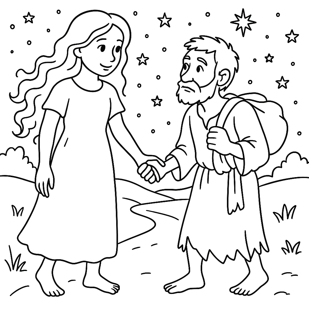 Раскраска по сказке "Нищий и счастье"