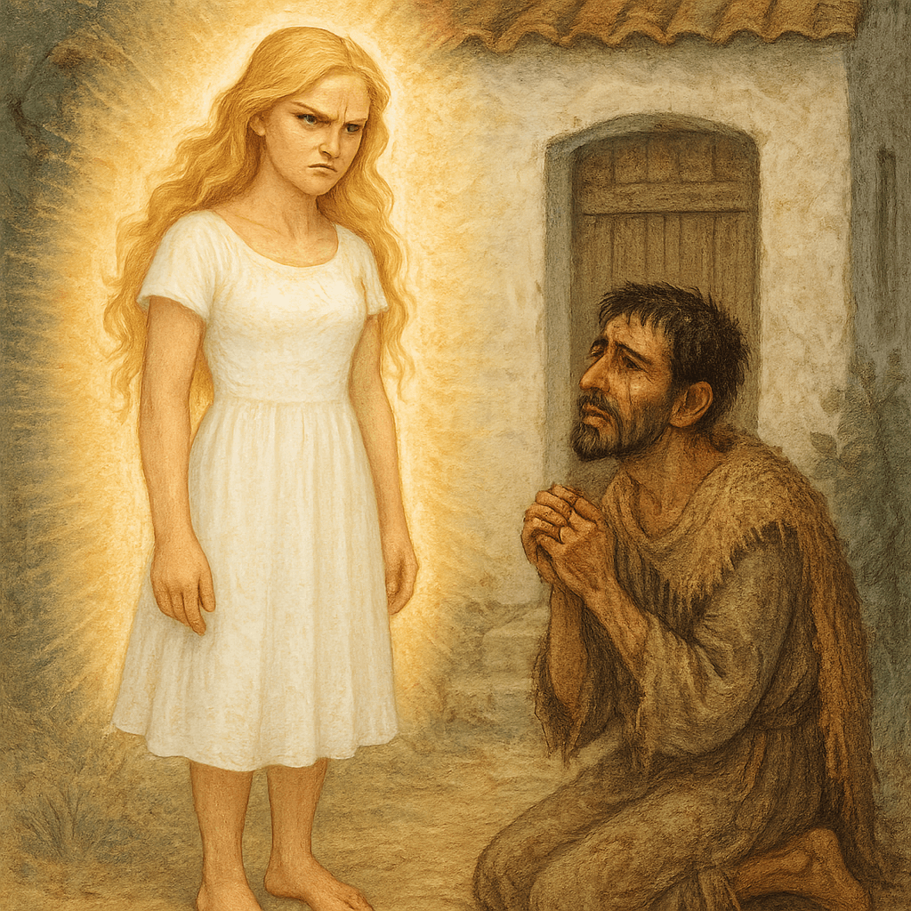 Счастье и горько плачущий нищий у дома