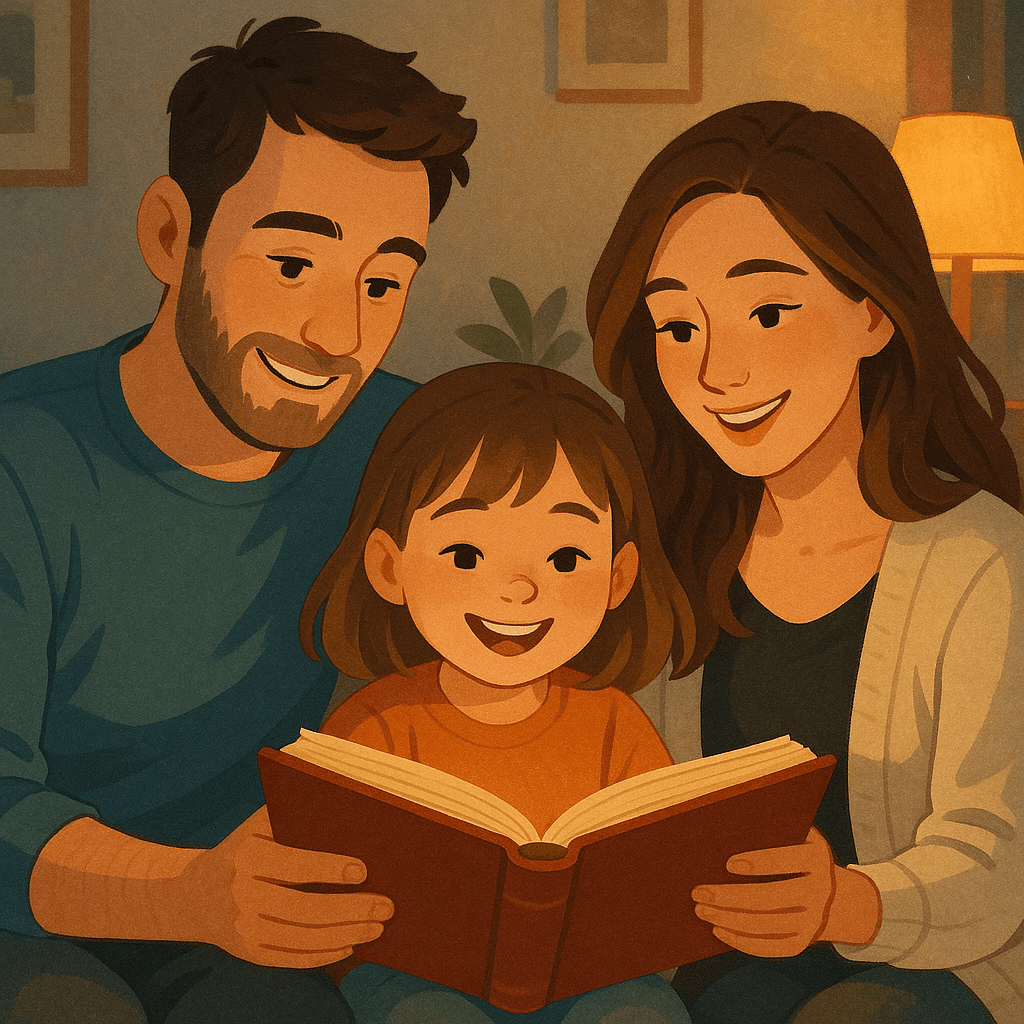 Семейное чтение сказок вечером: родители и ребёнок с книгой