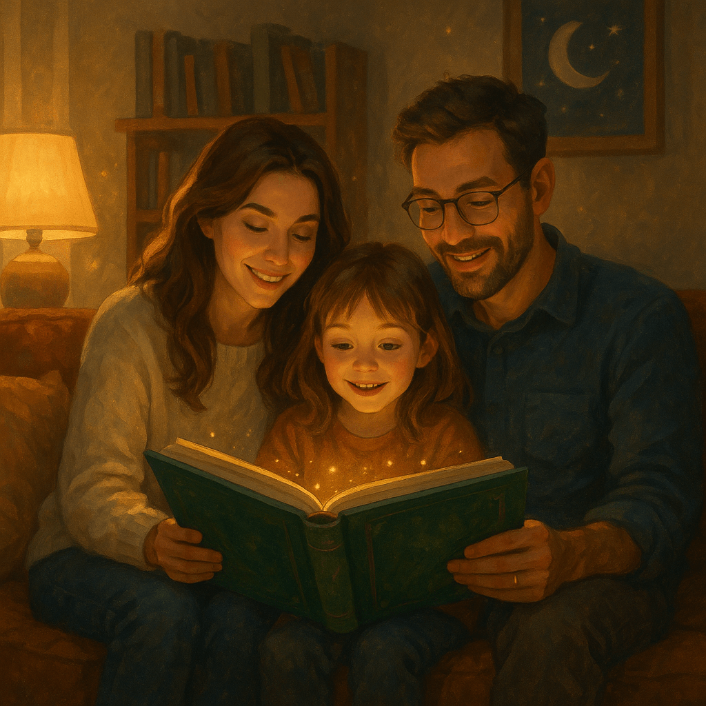 Семейное чтение вечером: родители читают книгу ребёнку в уютной комнате