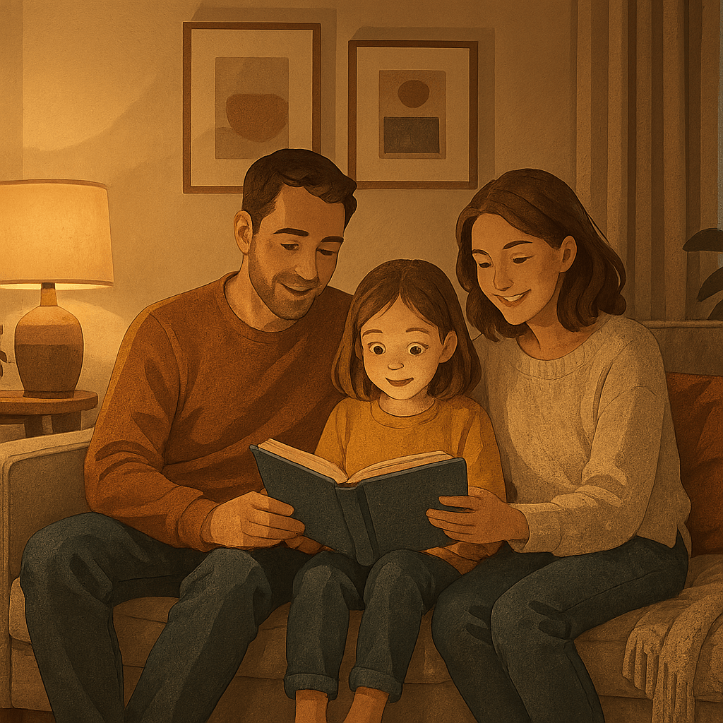 Семейное чтение сказок вечером: уютная гостиная с родителями и ребёнком