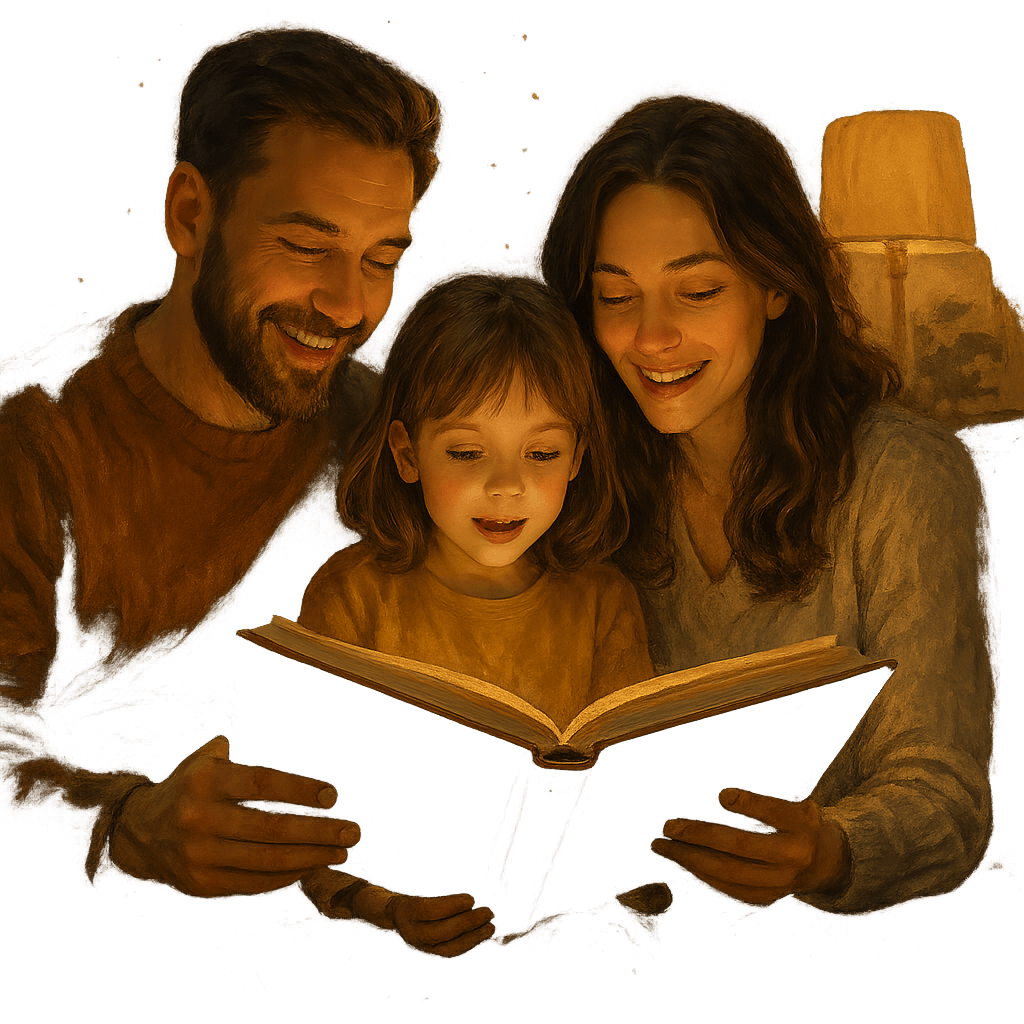 Семья читает книгу о животных вместе в уютной атмосфере