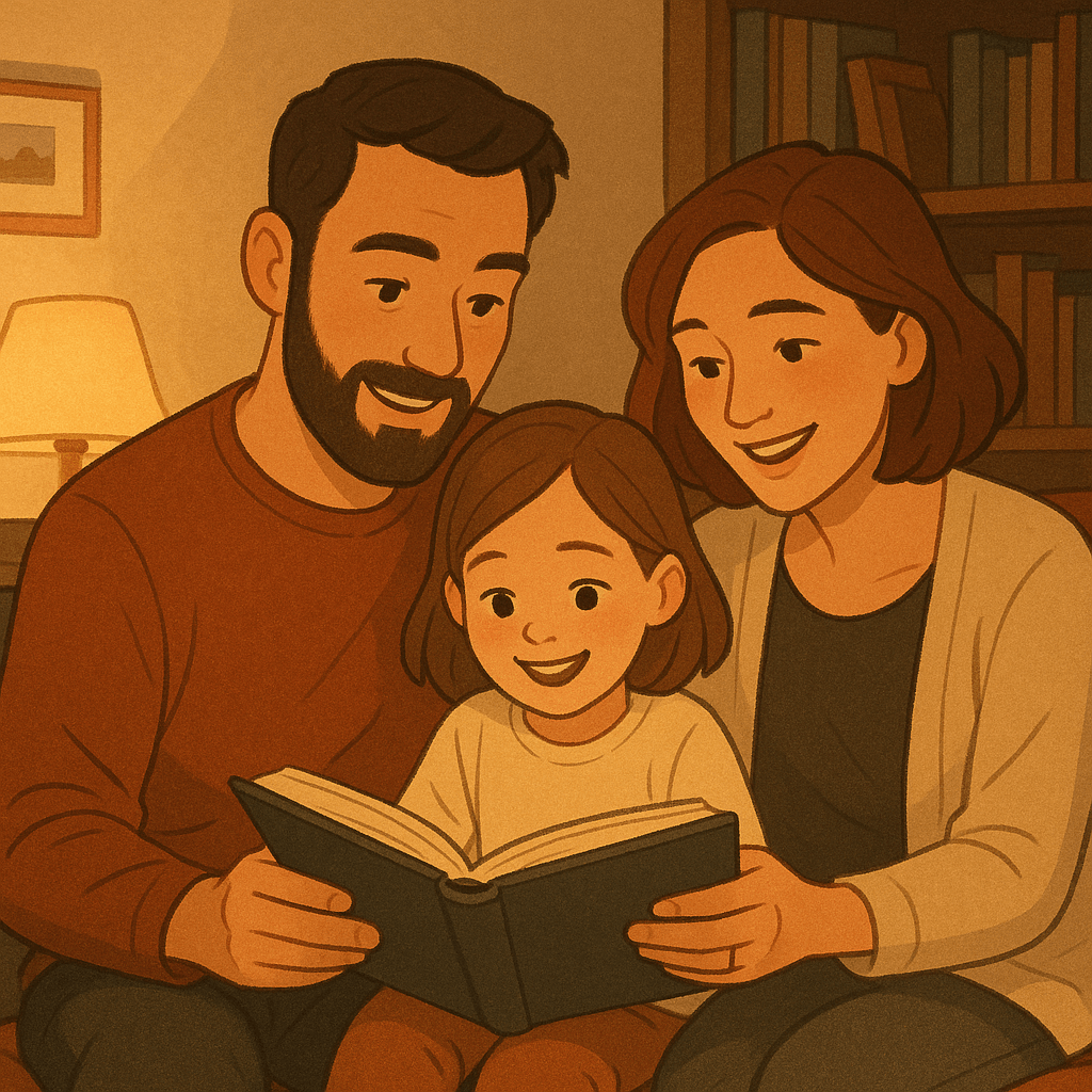 Семейный вечер: родители читают сказку ребёнку в уютной домашней атмосфере
