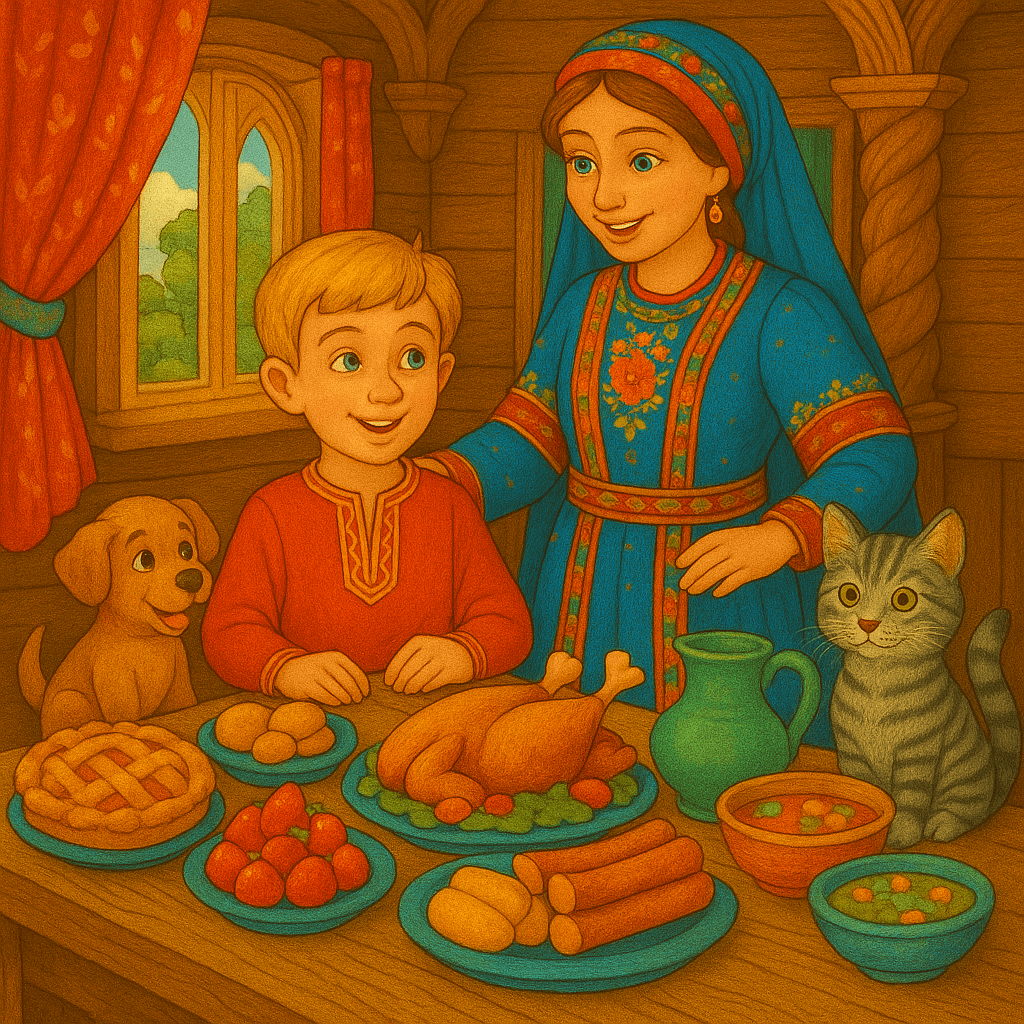 Семен и его мать живут теперь в богатстве, рядом довольные кошка и собака