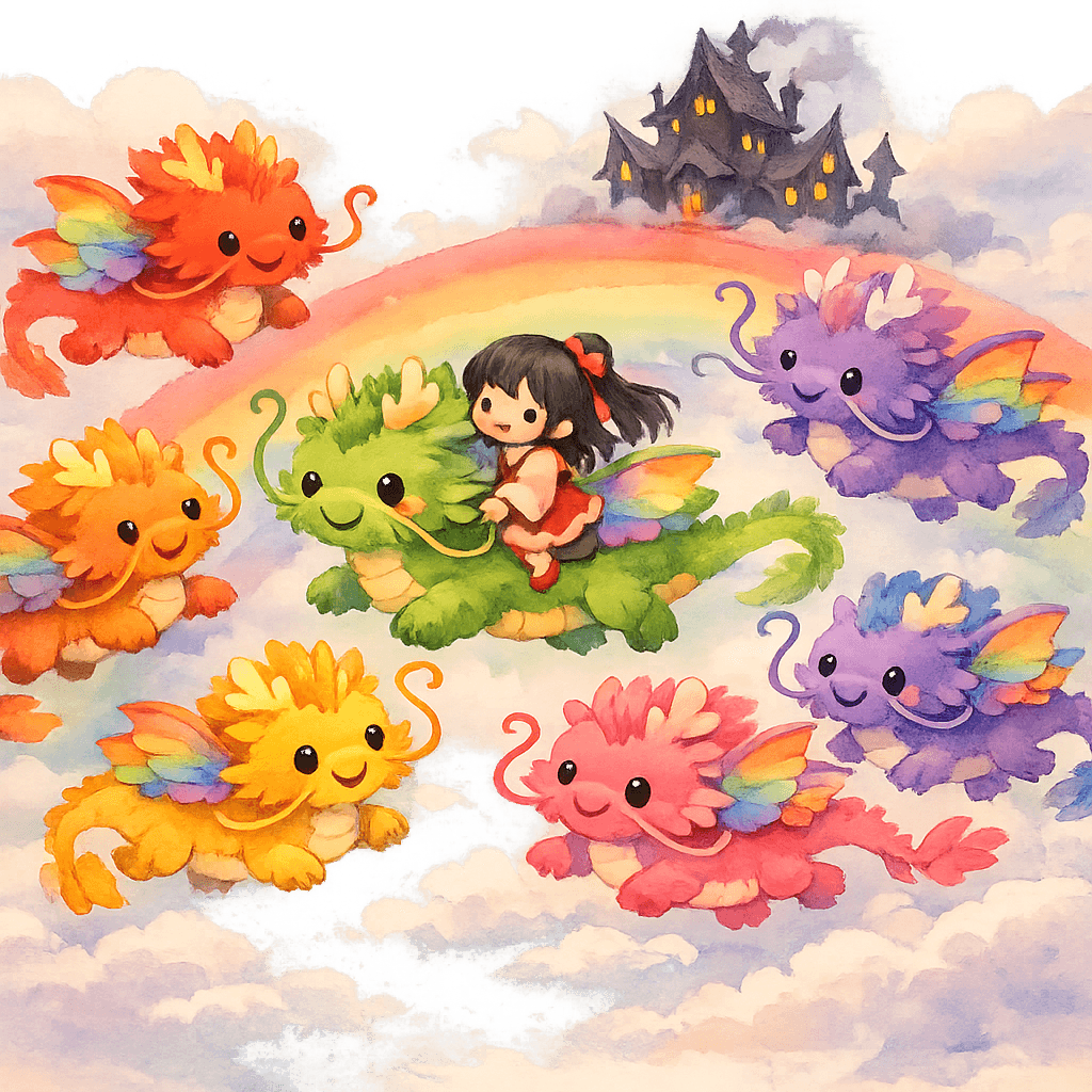 Дракончики и девочка кружатся на радуге напротив дворца злых духов.