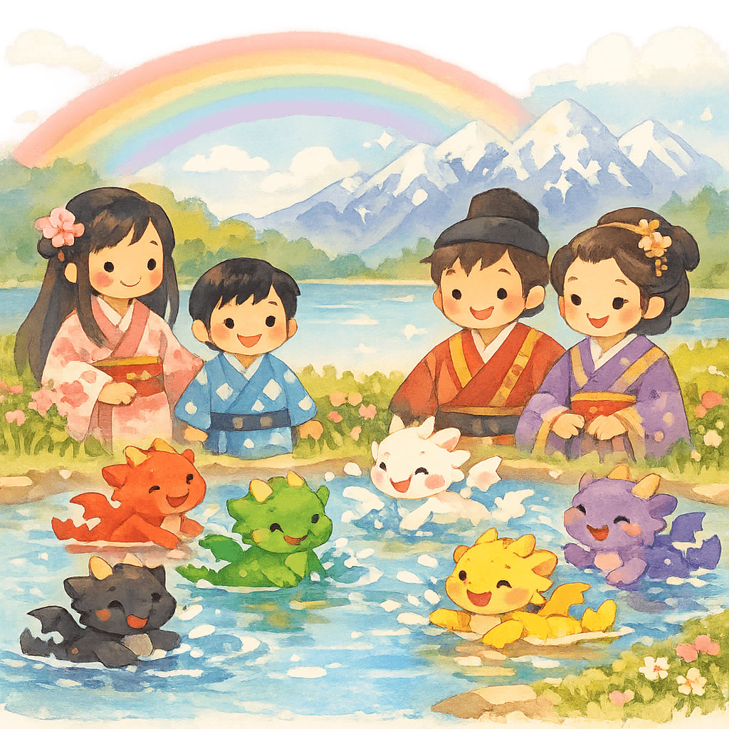 Радостные разноцветные дракончики купаются, рядом довольные дети и родители.