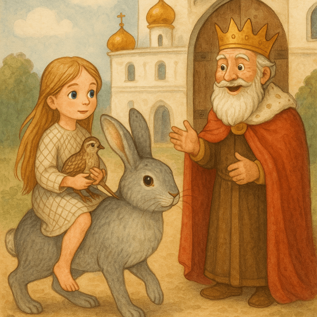 Семилетка в сетке на зайце с перепелкой прибывает ко дворцу к царю: девочка 7 лет белая кожа светло-русые длинные волосы синие глаза в сетке поверх тела босоногая сидит верхом на сером зайце в руках держит перепелку маленькую серую с коричневыми пятнами подъезжает к воротам белого дворца три этажа золотые купола большие дубовые двери у ворот стоит царь 60 лет седа борода в золотой короне и красной мантии удивлён и улыбается стиль детской сказки обложка для истории.
