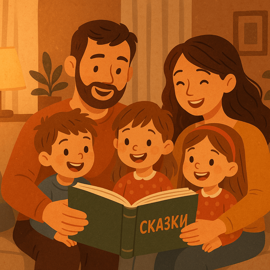 Семья читает сказку вечером, уютная атмосфера, дети и родители вместе