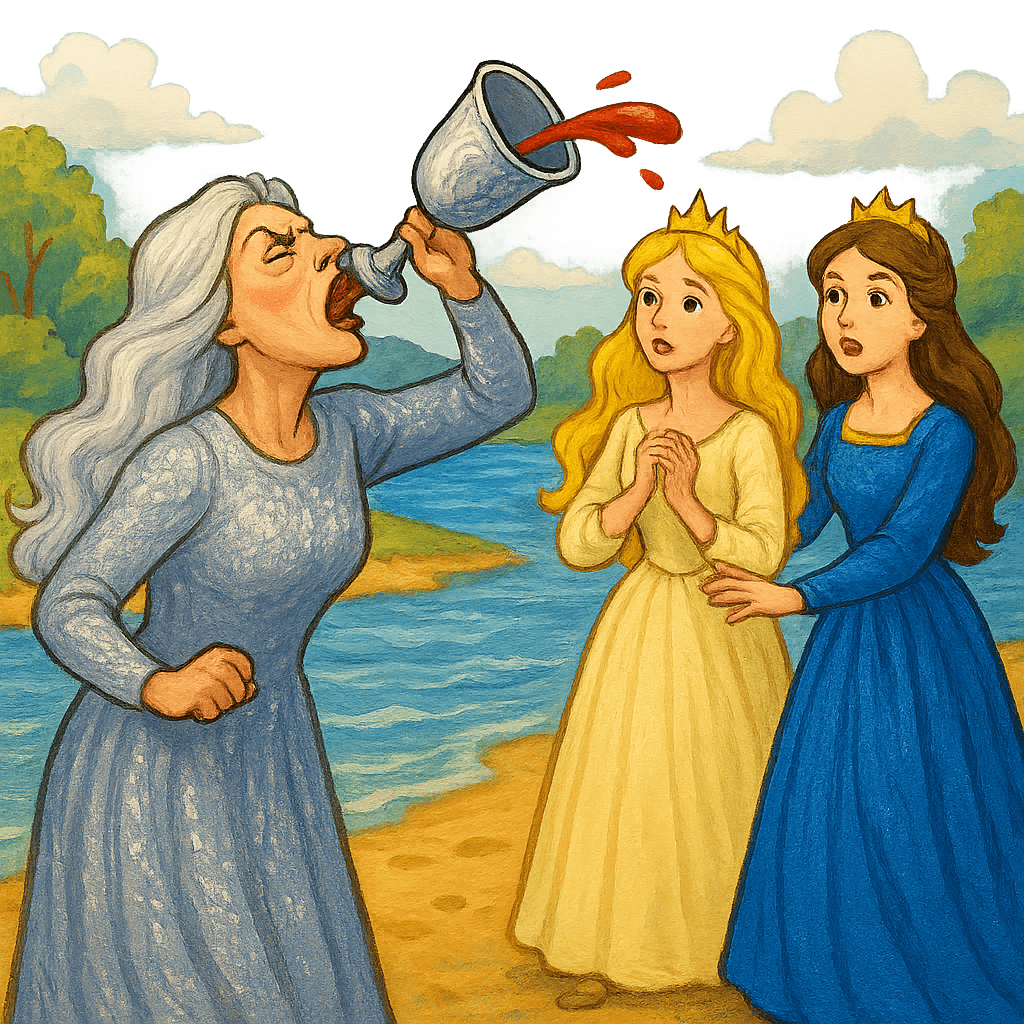 Серебряное Деревце с кубком вина, две принцессы стоят рядом, кубок наклоняется, вино касается губ мачехи.