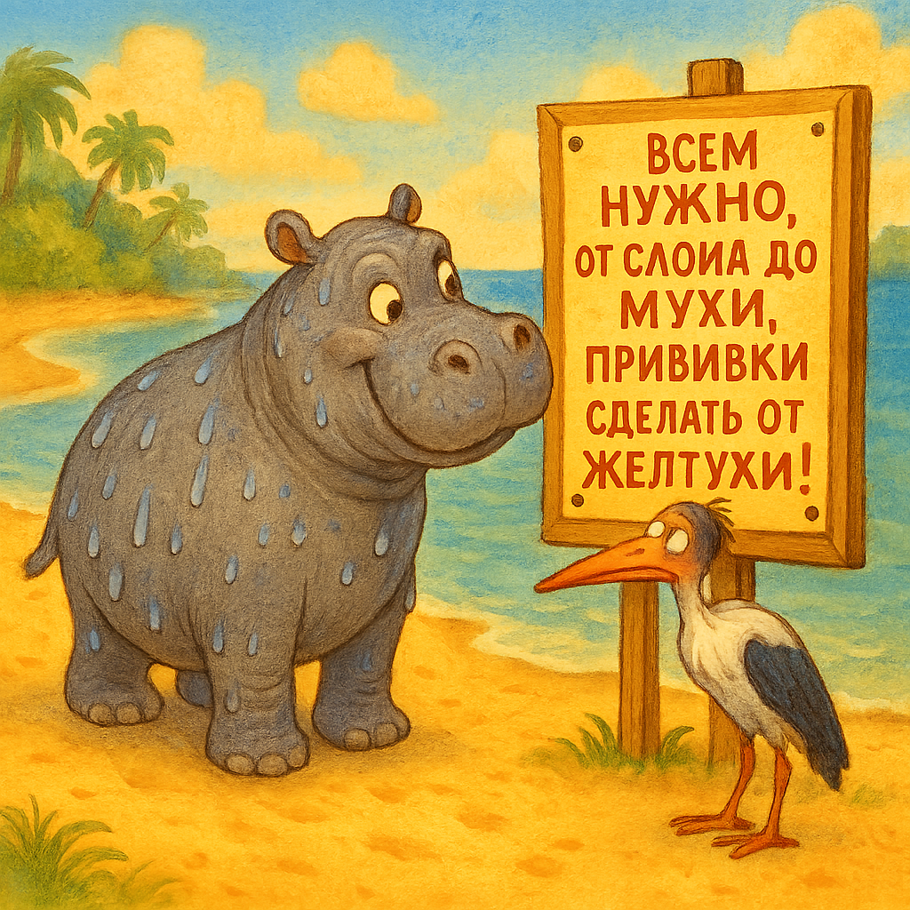 Бегемот и Марабу разглядывают объявление о прививках на пляже