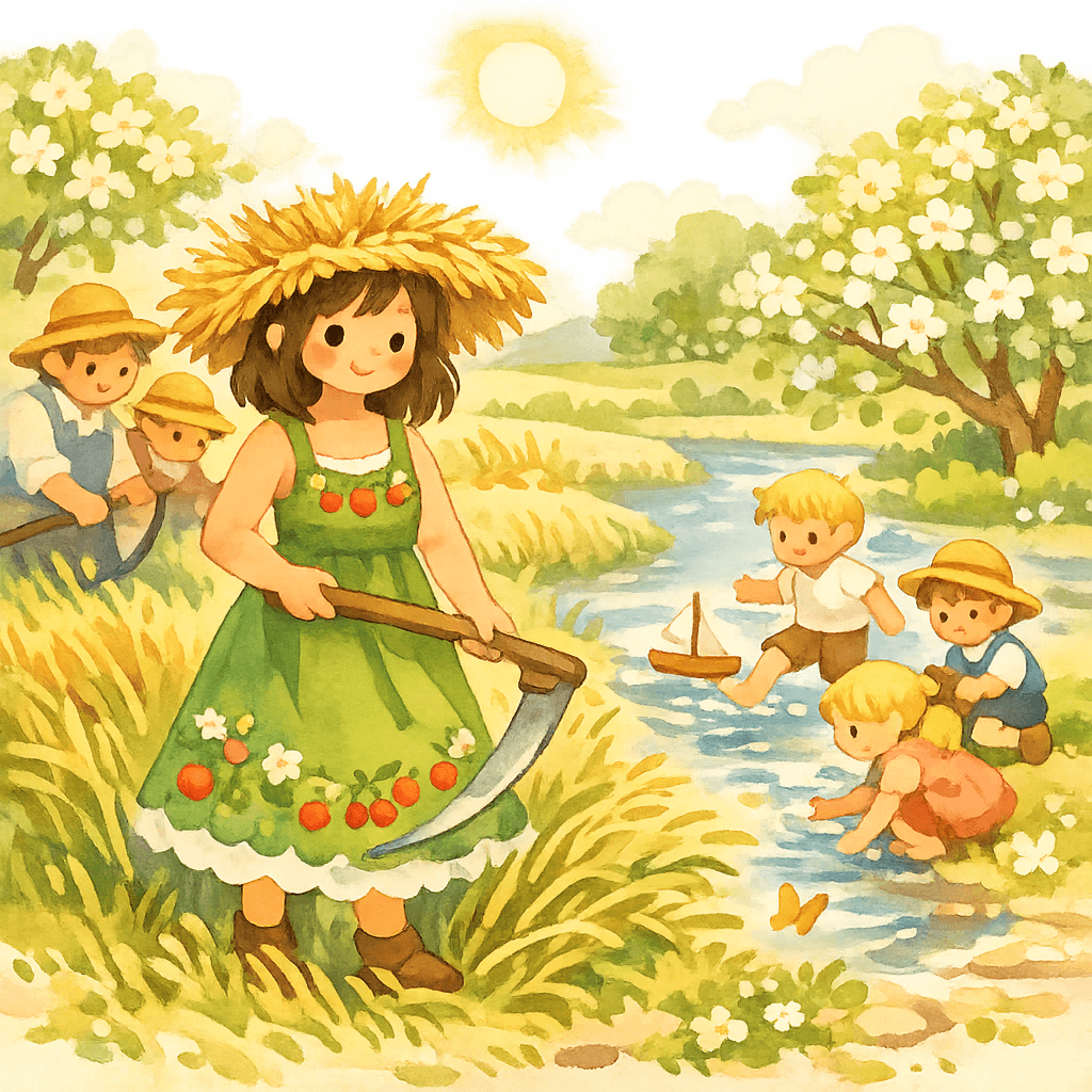 Лето в рабочем сарафане с детьми на лугу и у реки.