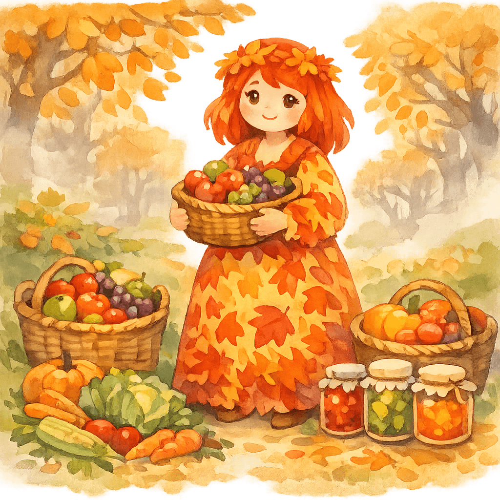 Сестра Осень в ярком платье с богатым урожаем и золотой листвой.