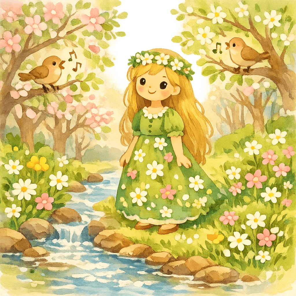 Весна в зелёном платье с цветами у ручья, поют птицы.