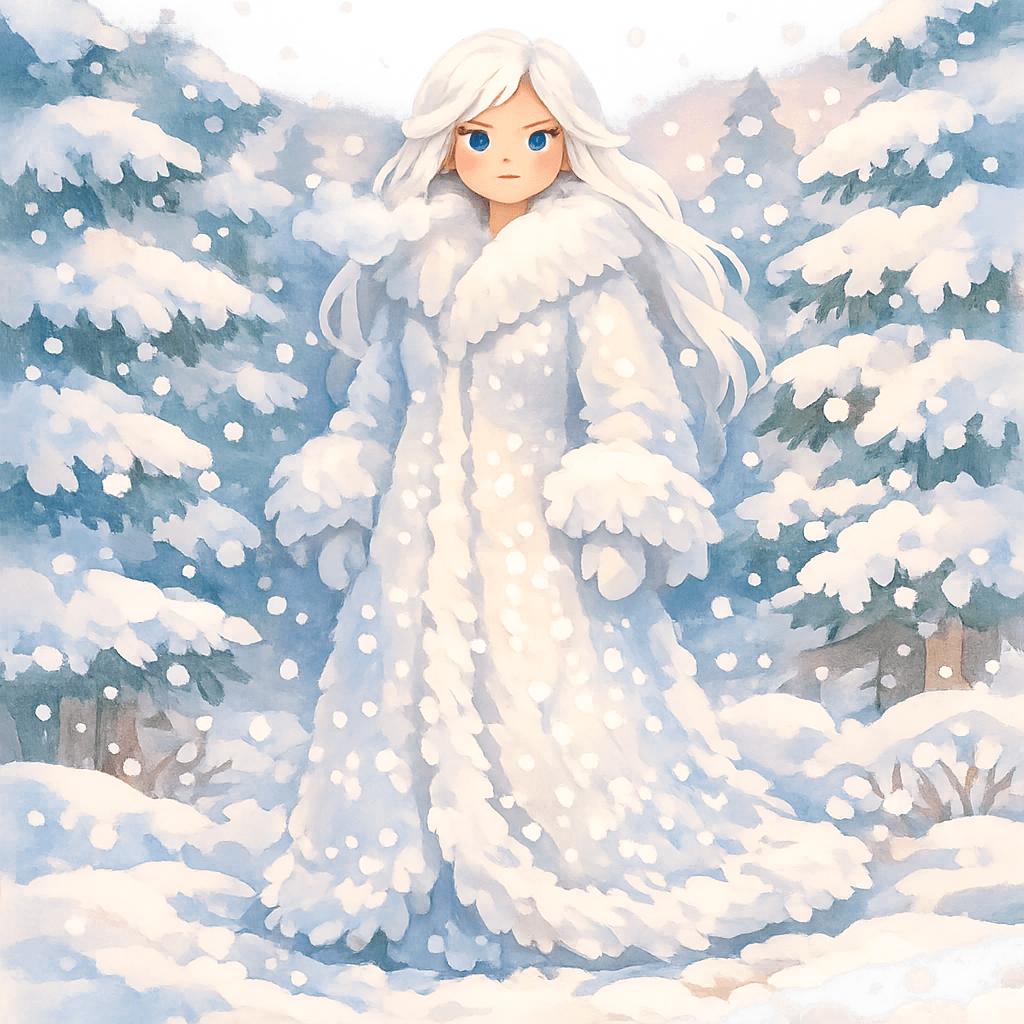 Сестра Зима в белоснежной шубе среди снега.