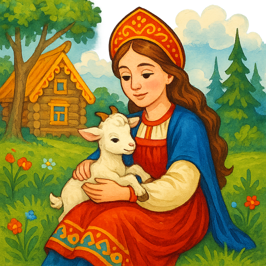 Сестрица Аленушка и братец ее иванушка который превратился в маленького козленочка. Картинка в стиле русской народной сказки