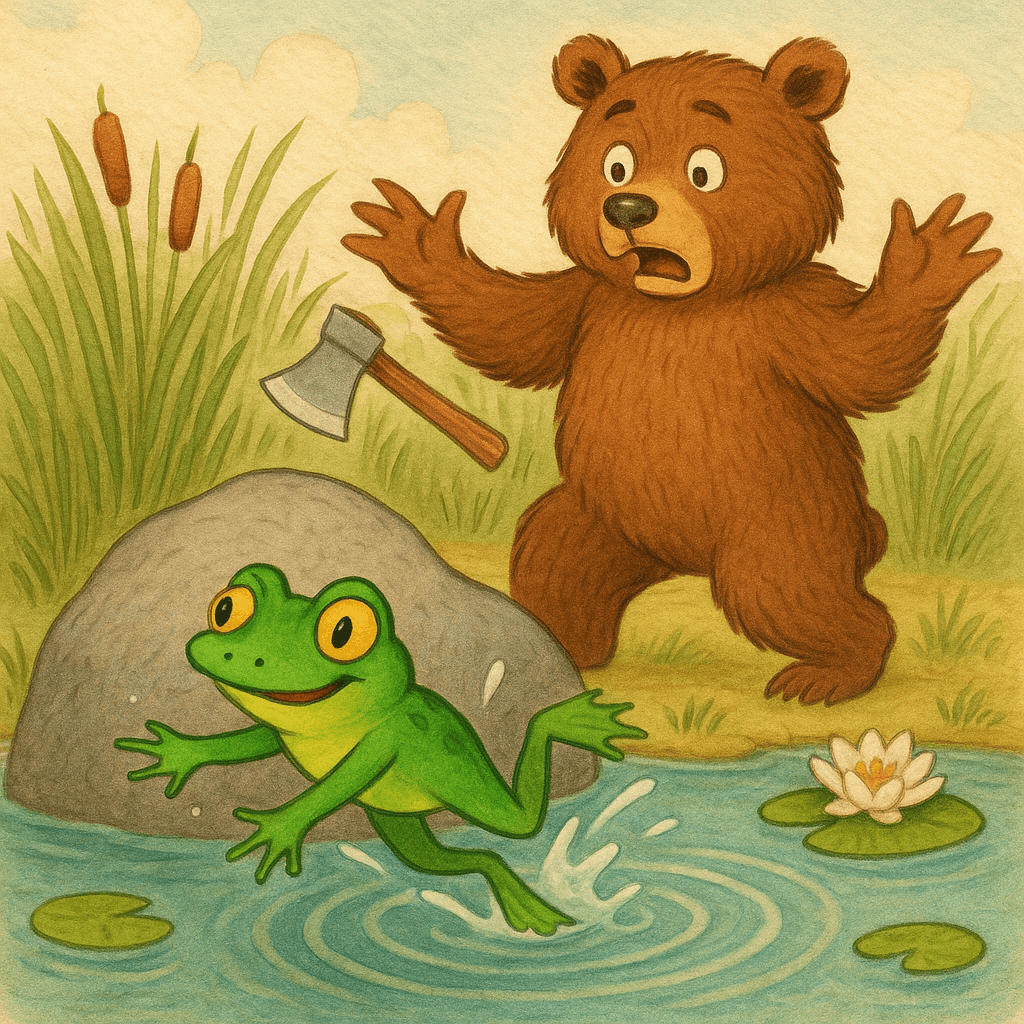 Лягушка прыгает в пруд с камня, Медведь удивлён