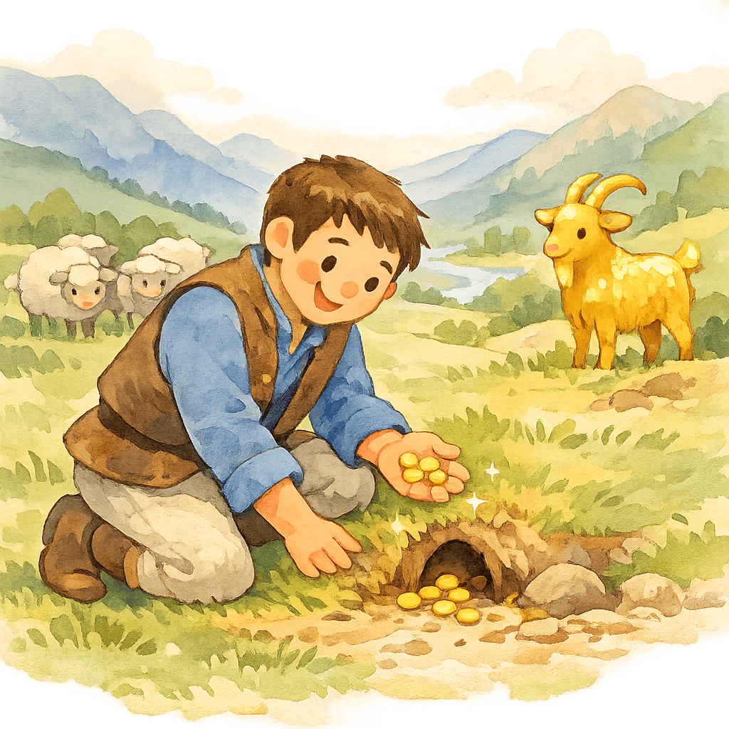 Щедрый находит золотые монеты возле мышиной норки, на фоне горы