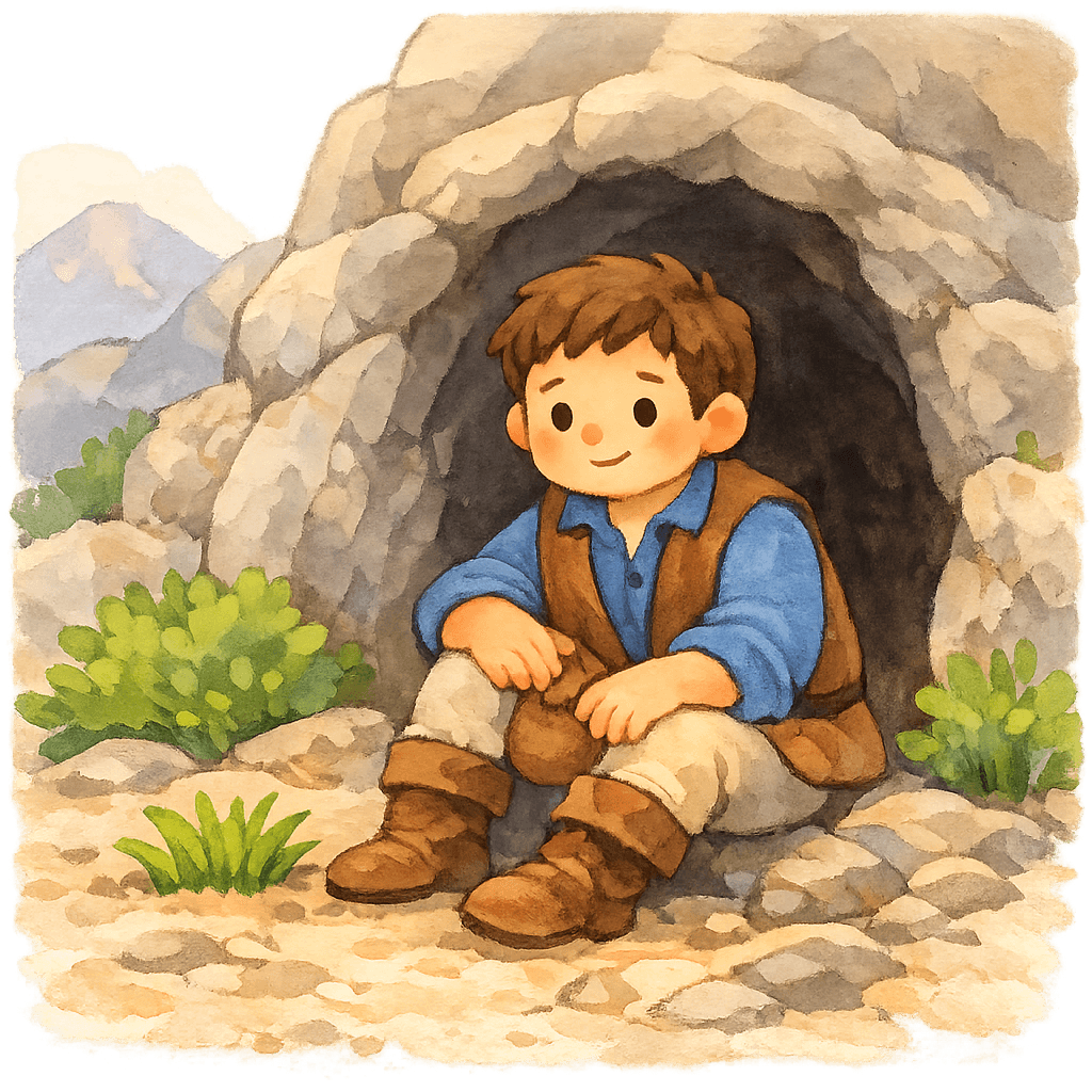 Щедрый сидит у входа в пещеру, вокруг горы и травка