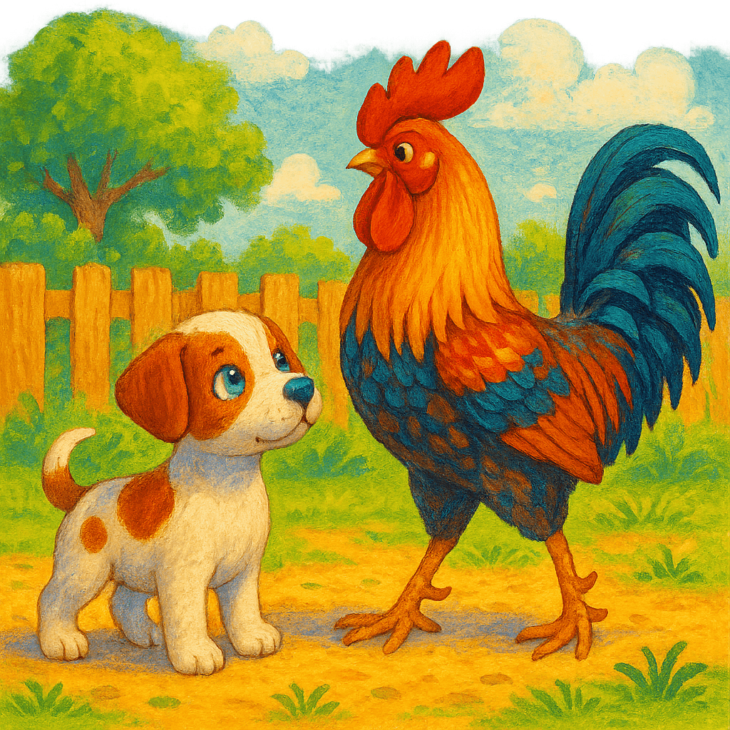 Щенок разговаривает с Петухом во дворе.