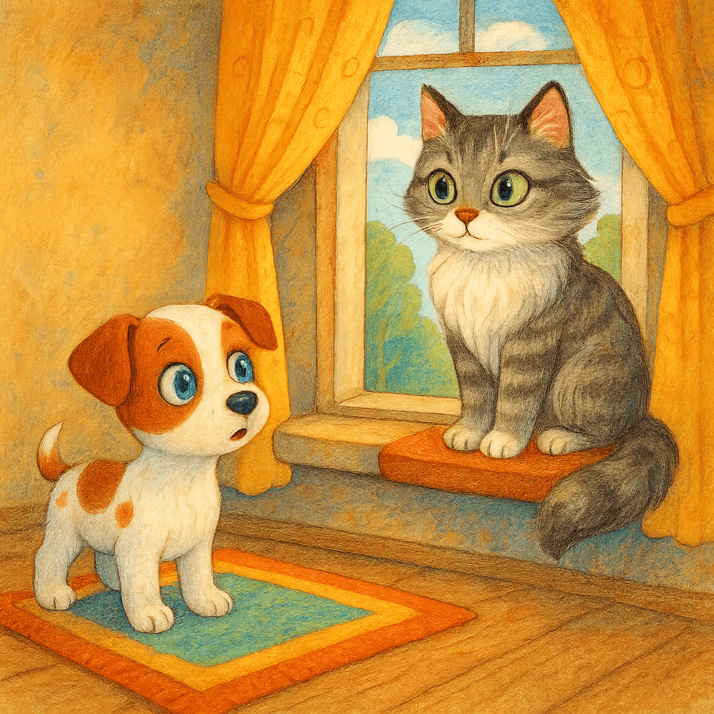 Щенок смотрит на Кошку, которая сидит на подоконнике.