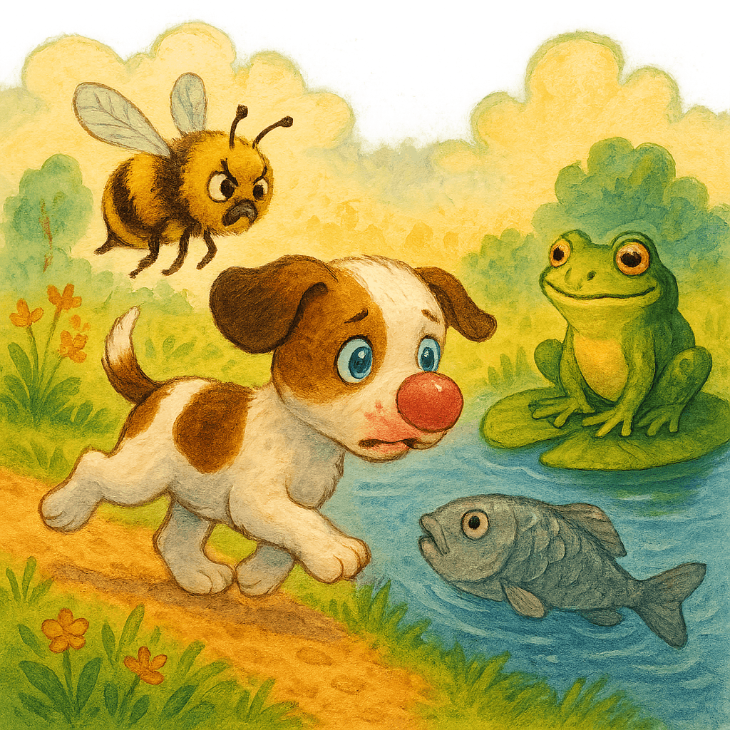 Щенок ныряет в пруд, за ним летит Пчела, на листе лилии сидит Лягушка.