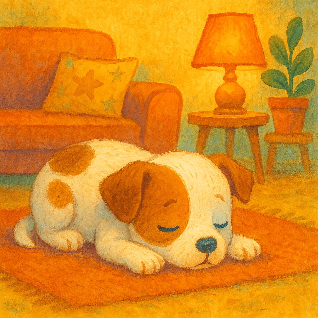 Щенок спит на коврике возле дивана.