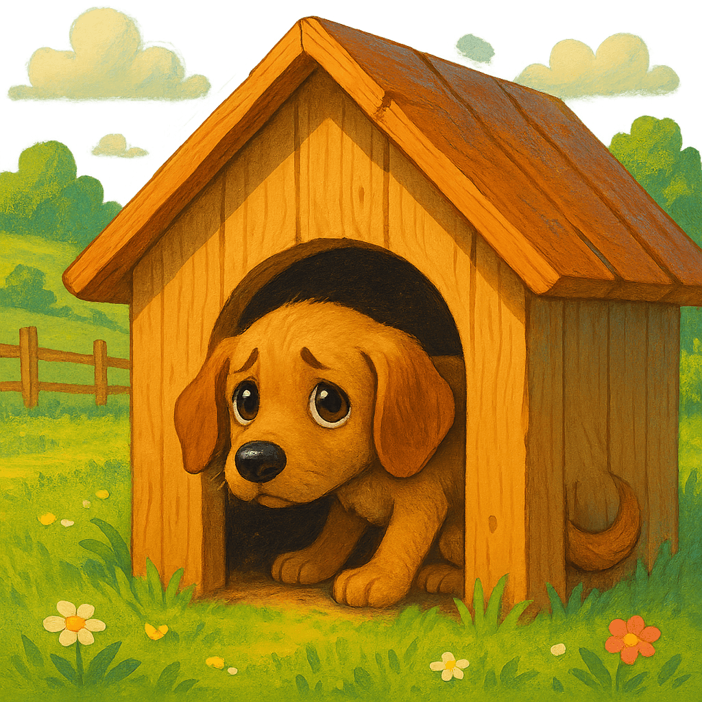 Щенок забился в деревянную конуру, высунув только нос, боится выглянуть наружу