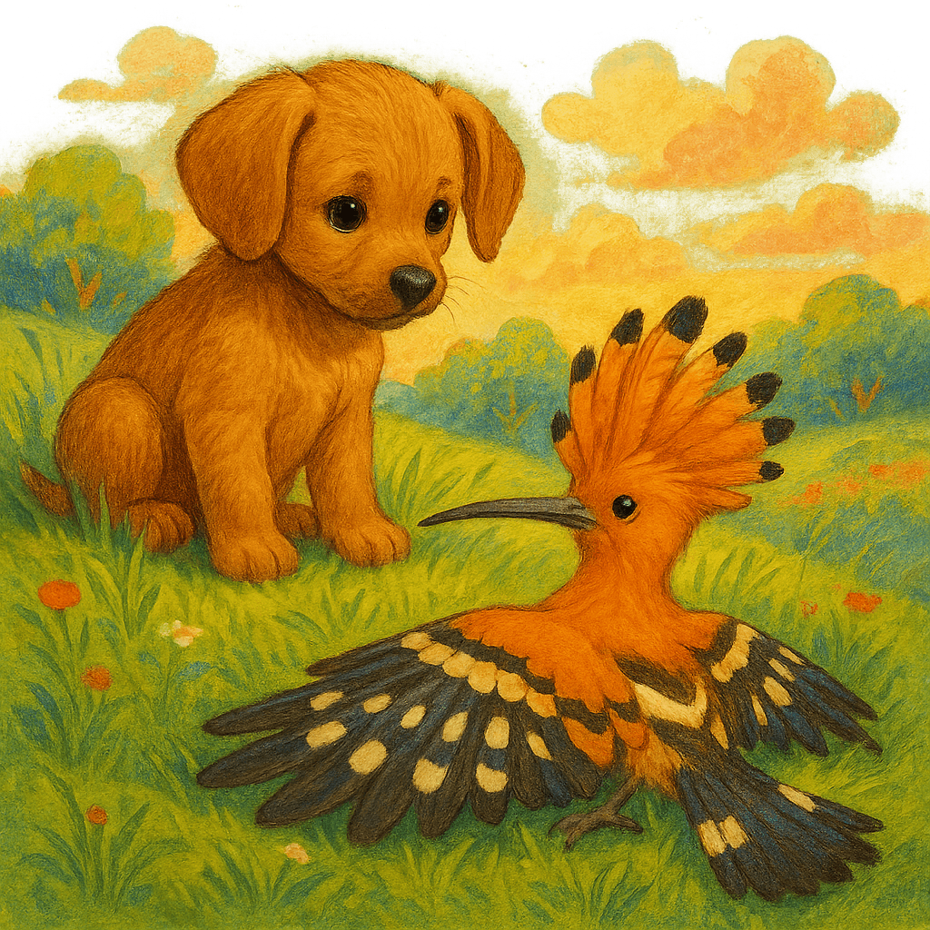 Щенок смотрит на Удода, распластанного в траве как пёстрый лоскут