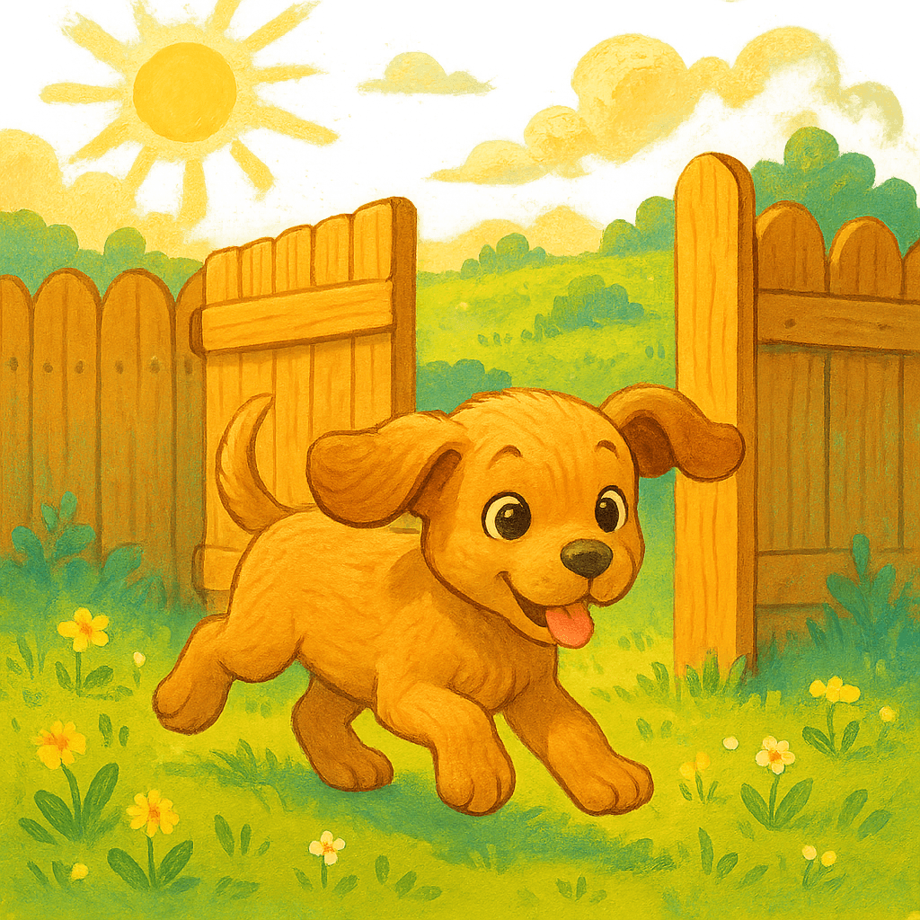 Щенок убегает из подворотни по зелёному лугу на фоне деревянного забора