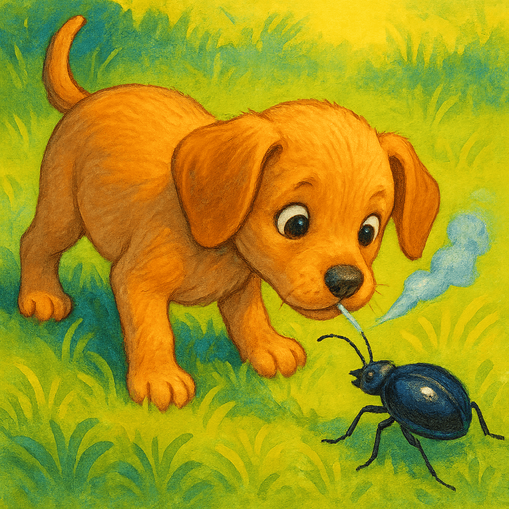 Жук-Бомбардир стреляет в нос щенка, щенок удивлён и испугался