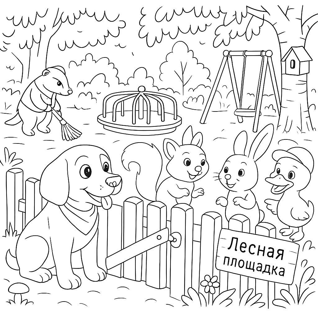 Раскраска по сказке "Щенок Тоша и качели"