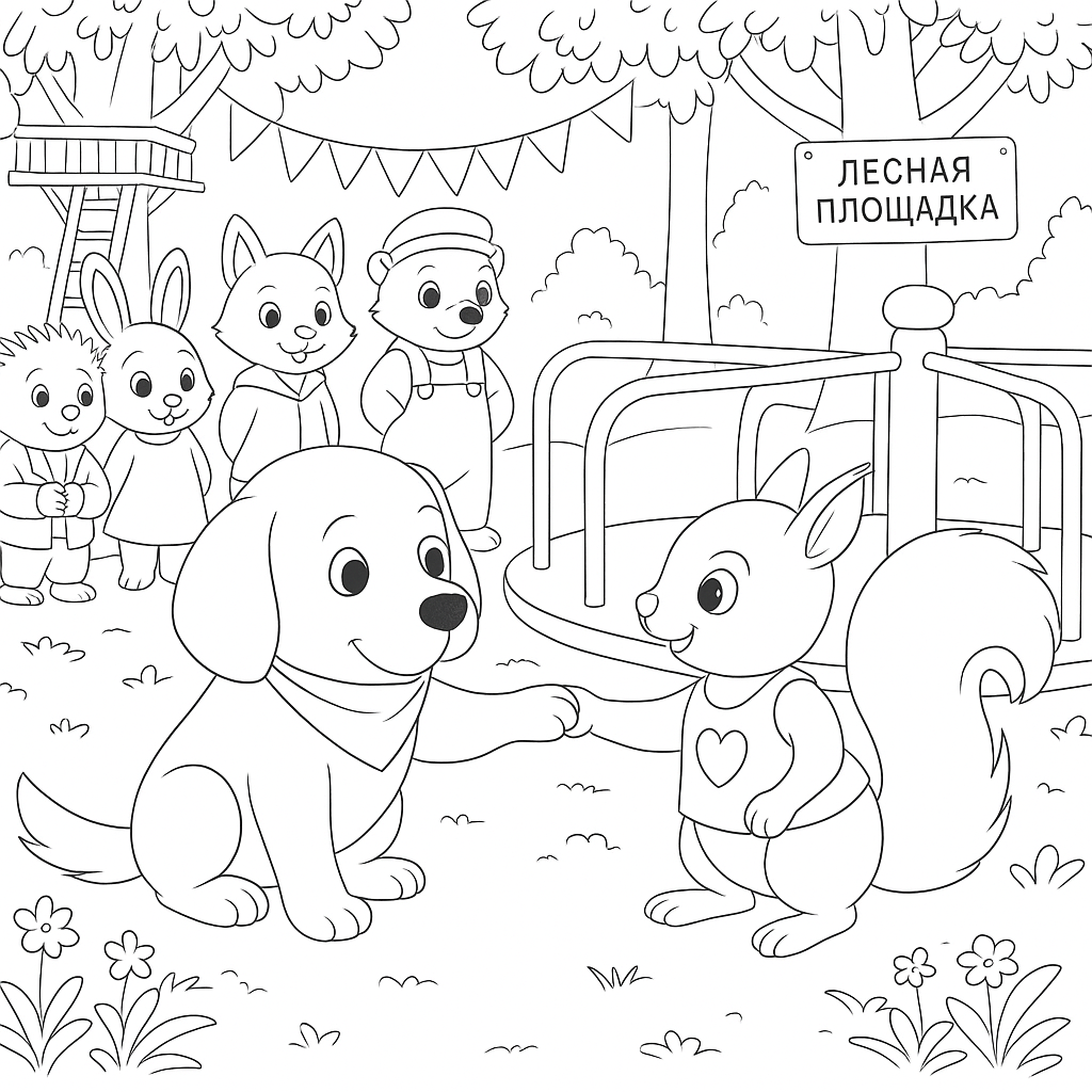 Раскраска по сказке "Щенок Тоша и качели"