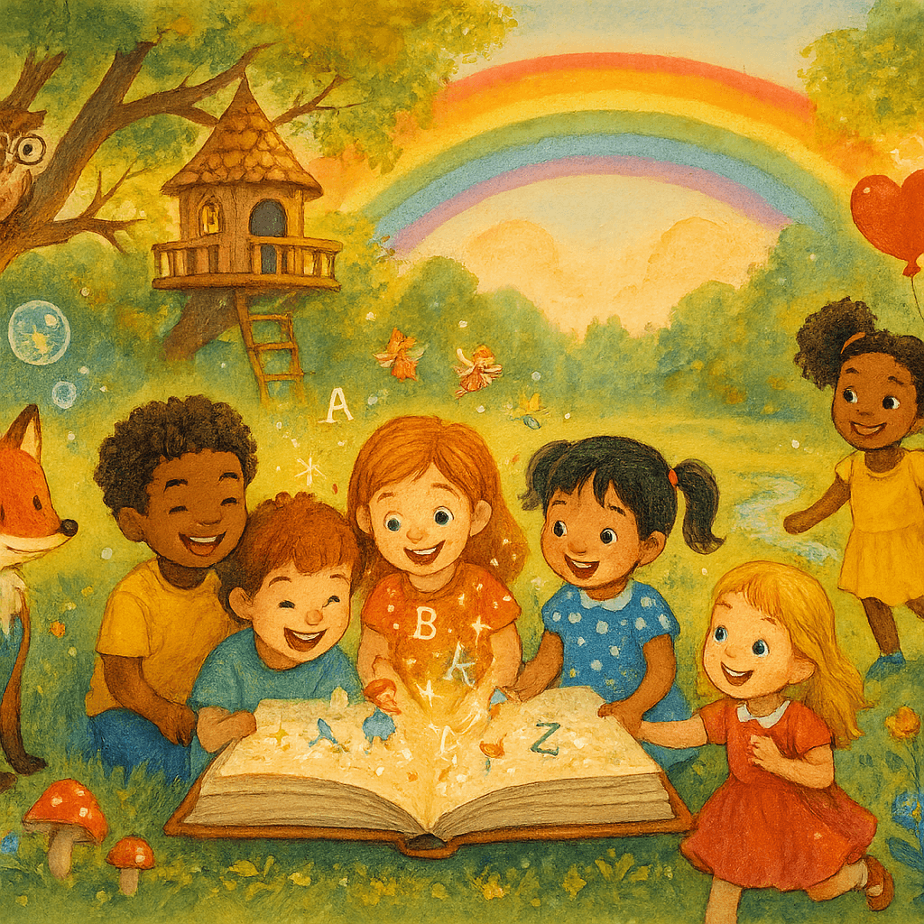 Мальчики и девочки разных национальностей играют и читают книгу в волшебном парке, вокруг сказочные детали, атмосфера дружбы и радости.