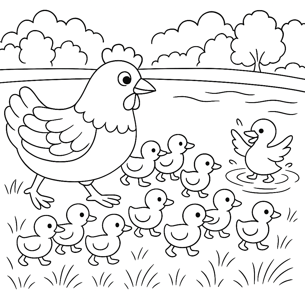 Раскраска по сказке "Курочка ряба и десять утят"
