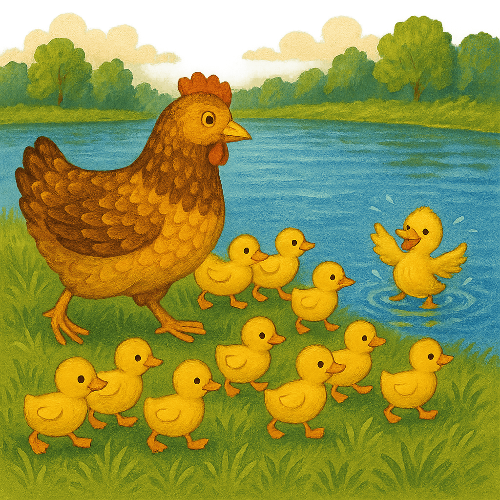 Утята плавают в пруду, курочка Ряба волнуется на берегу, девять утят возвращаются, один всё ещё ныряет.