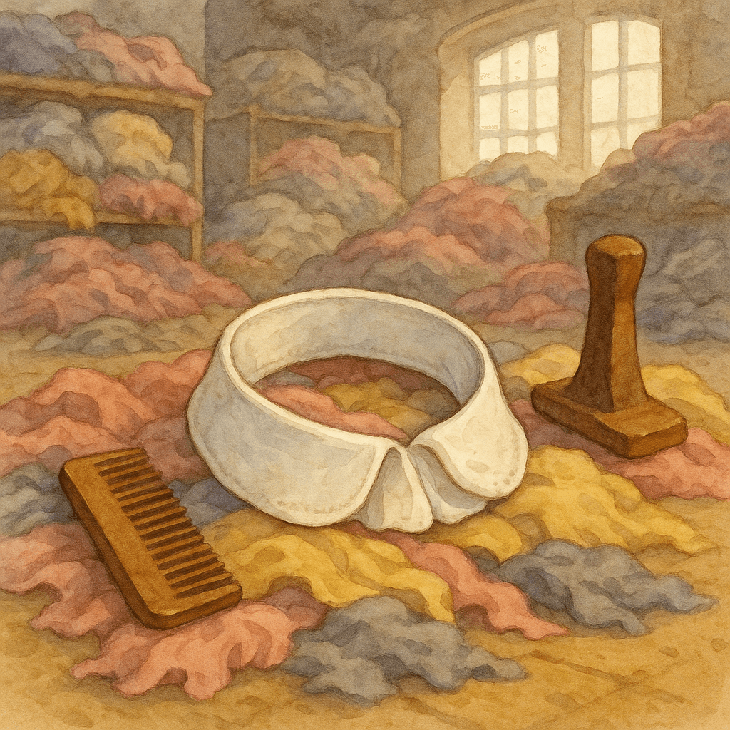 Воротничок лежит среди тряпья на фабрике