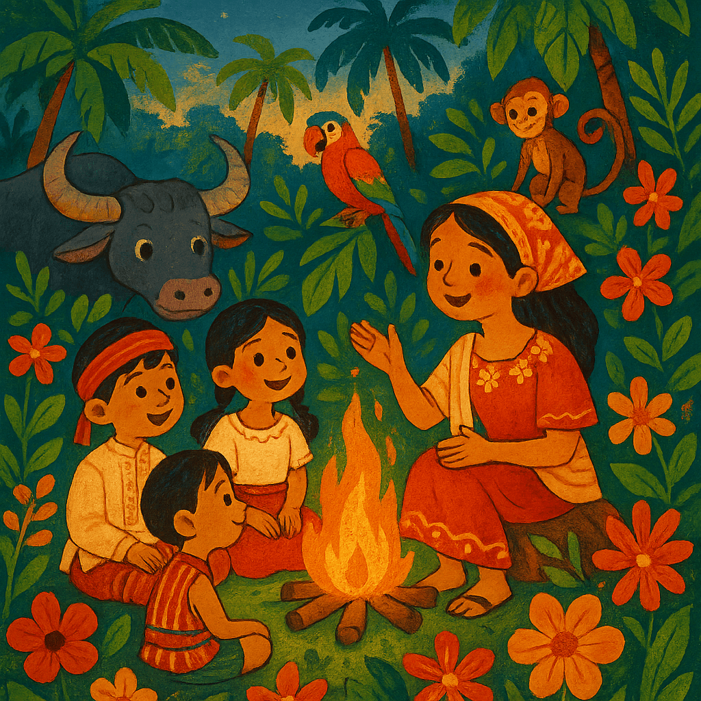 Дети в традиционных филиппинских нарядах слушают сказку у костра в тропическом лесу, рядом карабао, попугай и обезьянка. Яркая детская атмосфера.