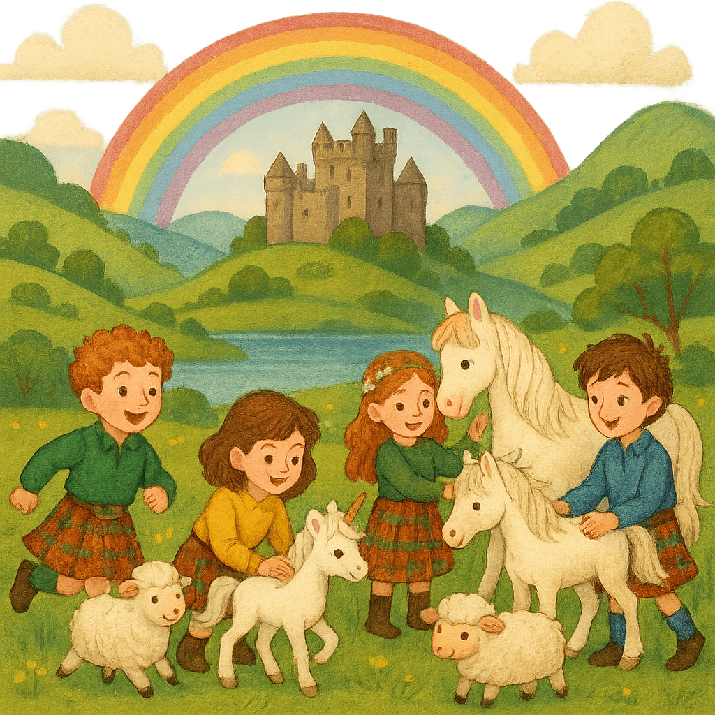 Дети в кильтах и волшебные животные на фоне шотландского замка и радуги, сказочный детский стиль.
