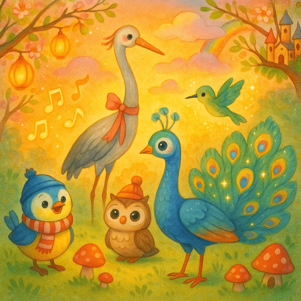 Сказочные птицы на солнечной поляне: синица в шарфике, совёнок в шапочке, журавль с лентой, павлин и колибри среди цветущих деревьев и волшебных нот. Яркий детский стиль.