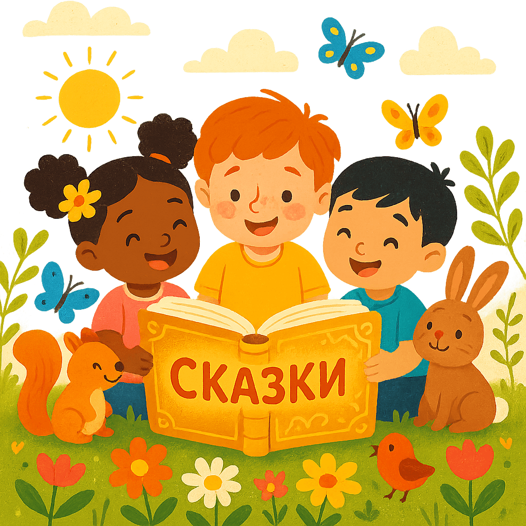 Дети разных национальностей читают большую волшебную книгу на солнечной поляне, вокруг улыбающиеся зверята, бабочки и цветы. Атмосфера радости, дружбы и волшебства, современный детский стиль, яркие цвета.