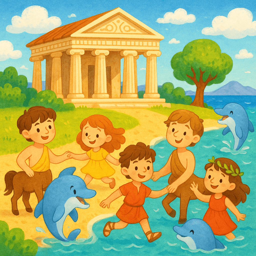 Сказочный греческий храм на берегу моря, дети играют рядом с мифологическими существами: кентаврами и дельфинами, детский стиль.