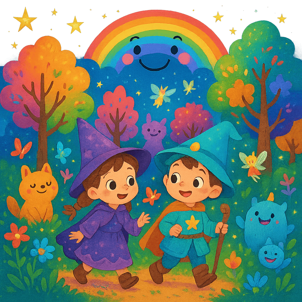 Дети в волшебном лесу с фантастическими существами, вокруг яркие цветы, бабочки и феи. Иллюстрация для категории «Фантазия».