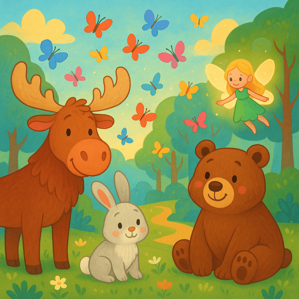 Сказочный лес с добрыми животными и волшебством, стиль детской сказки.