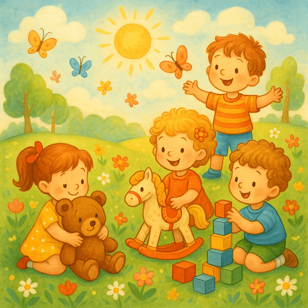 Дети играют с игрушками на лужайке, стиль яркой детской сказки.