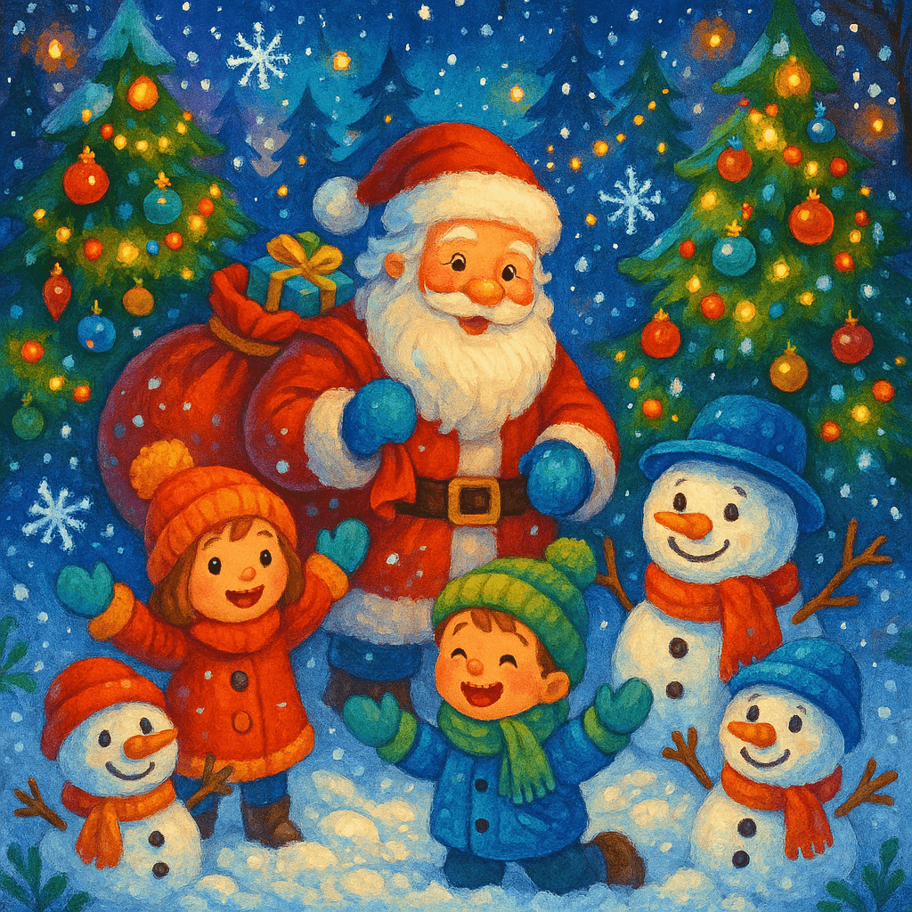 Сказочный зимний лес с Дедом Морозом и детьми.