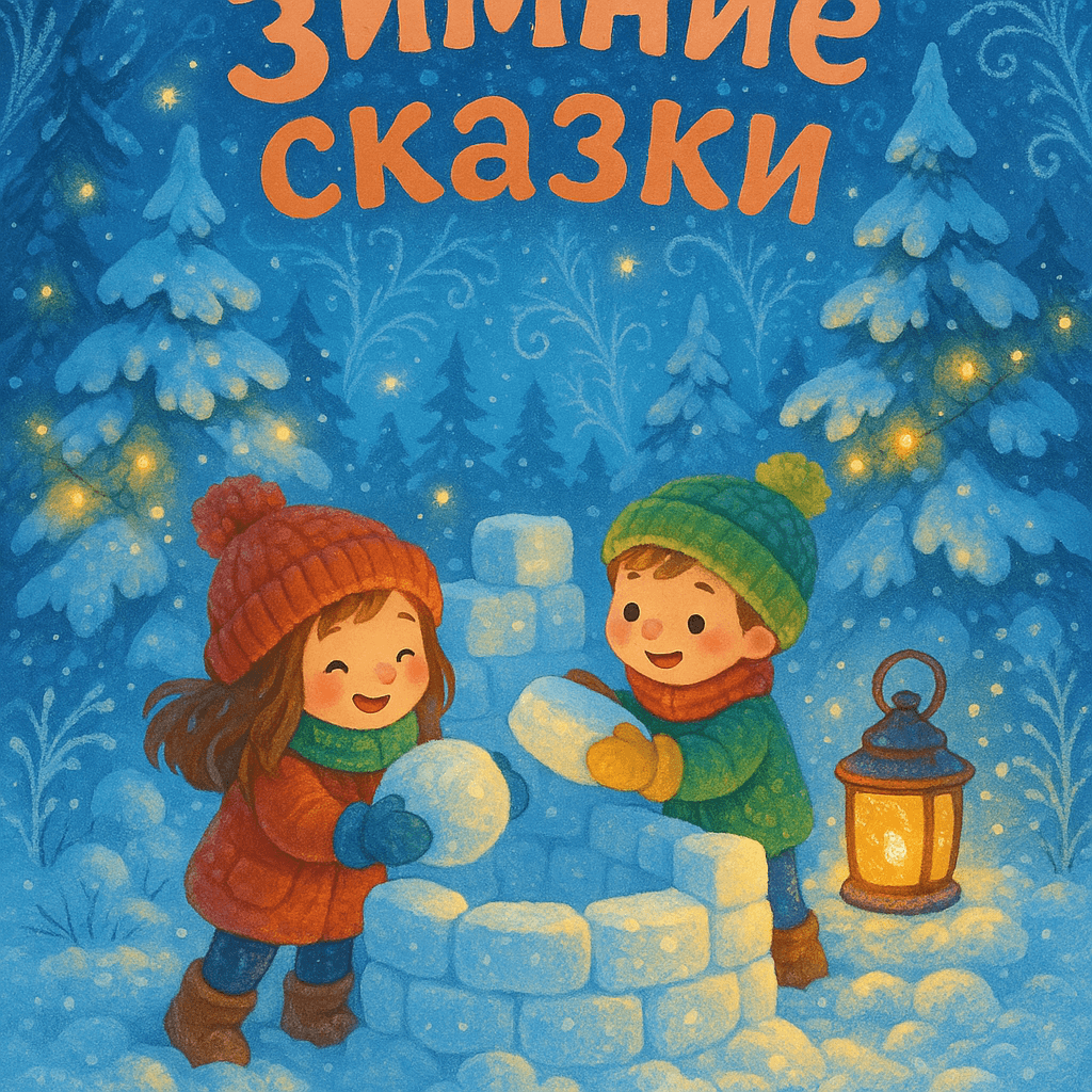 Сказочный зимний лес, пушистый снег, дети строят снежную крепость, сияние фонариков и морозные узоры. Атмосфера уюта и волшебства.